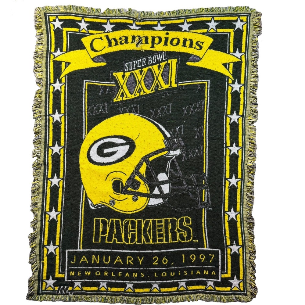 Vintage 1997 Green Bay Packers Super Bowl XXXI Champions Woven Throw Blanket